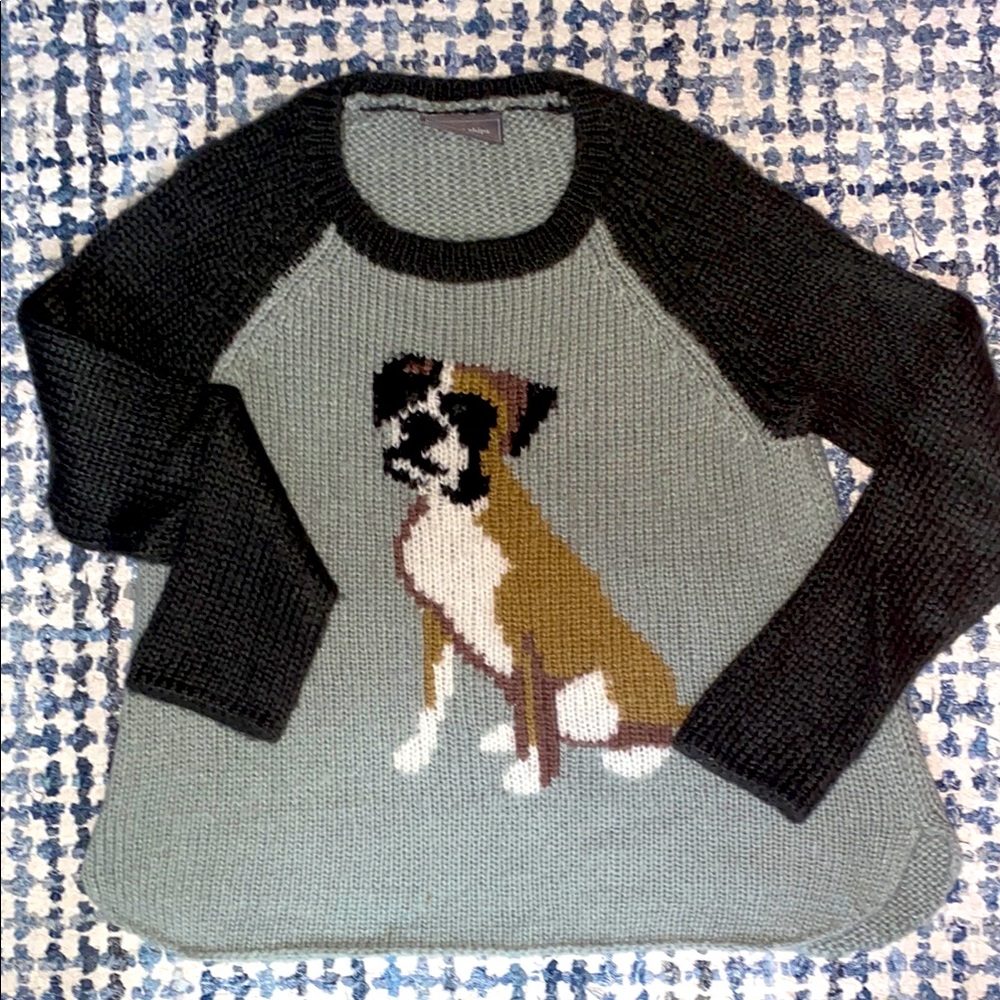 Wooden Ships Gray and Black Crew Neck Sweater with Boxer Dog Graphic